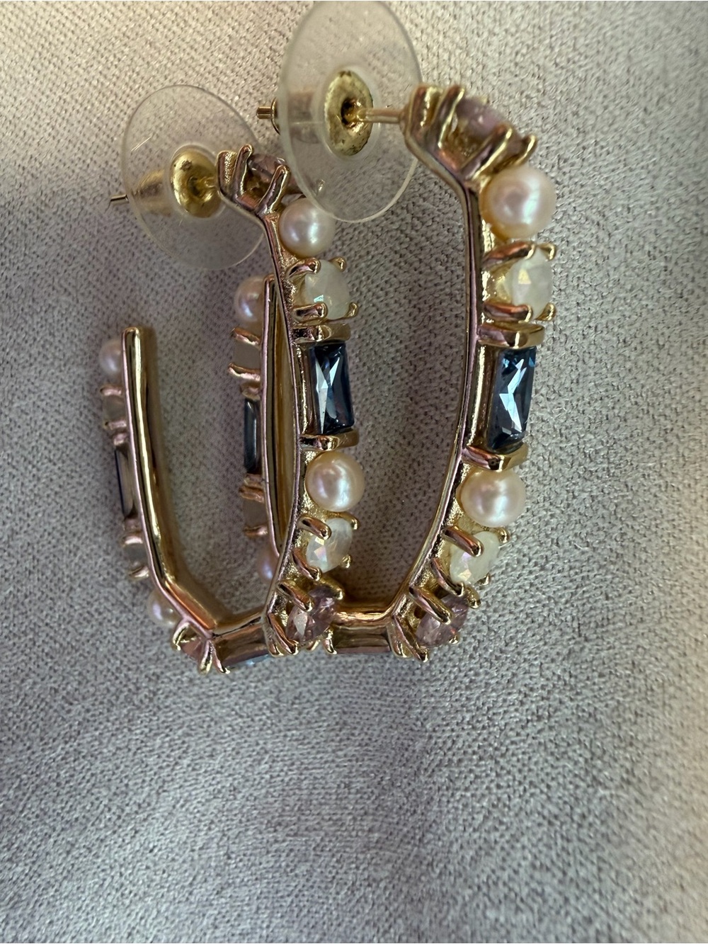 Kendra Scott Gold Hoops with Pearl and Blue Crystal Accents